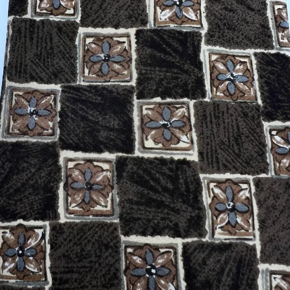 Pierre Cardin All Silk Tie Brown Blue Floral Check Pattern Made in USA